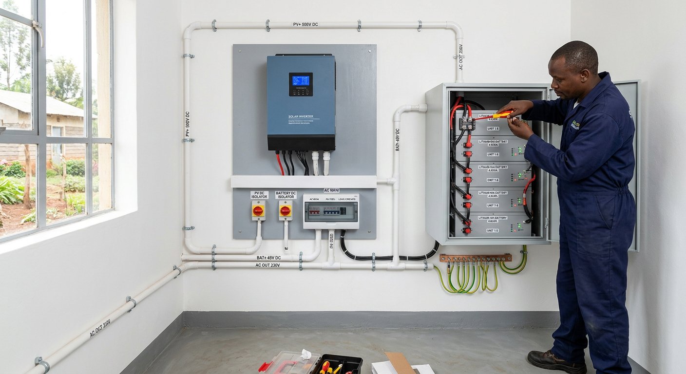 Hybrid inverter and lithium battery bank neatly installed on a wall in a Kenyan home