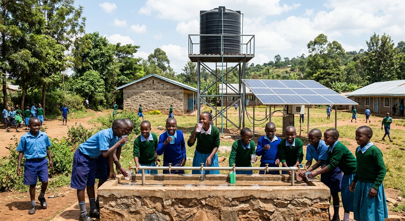 Solar panels beside a Kenyan school with water storage tanks and pupils at a tap