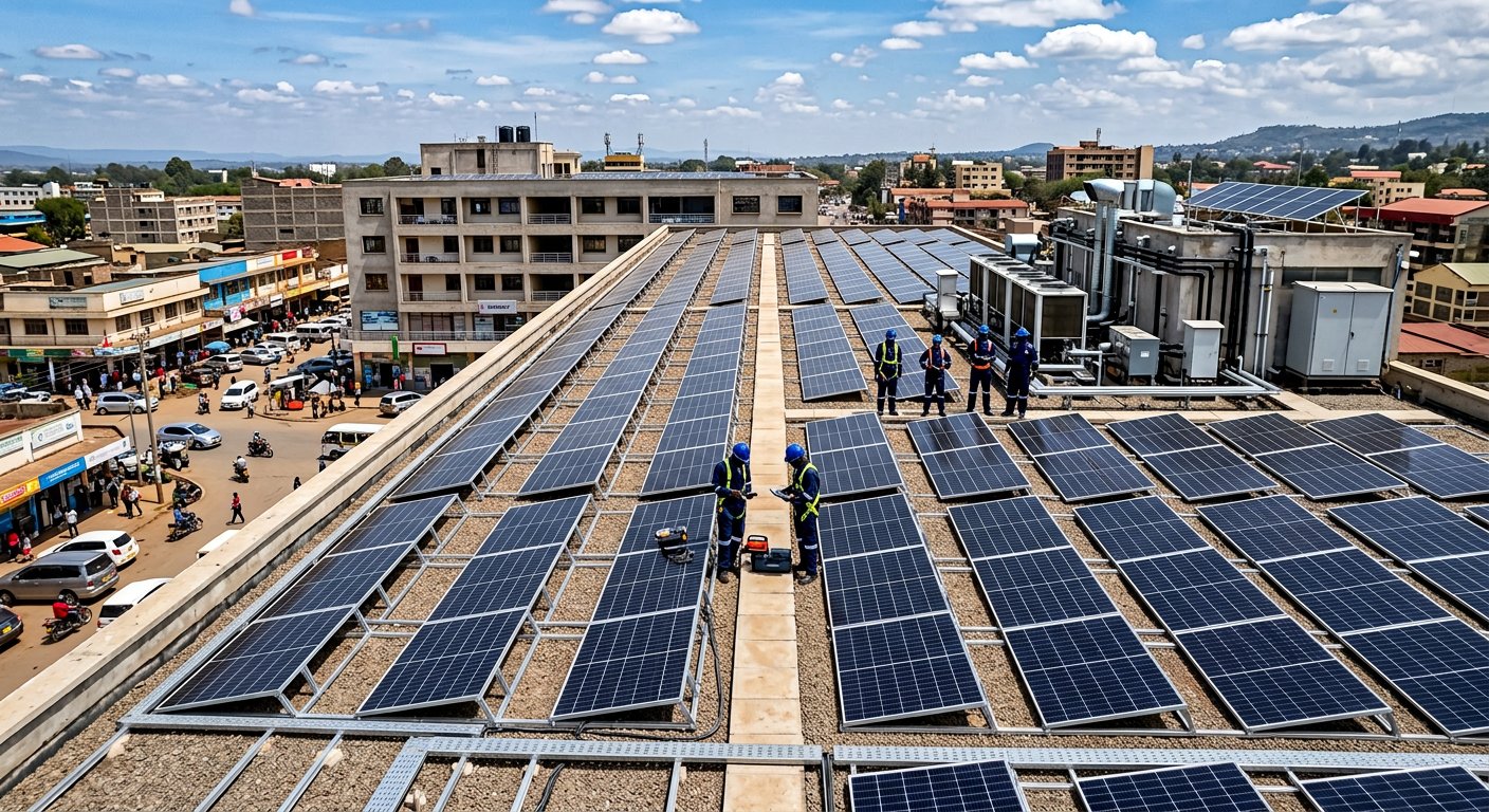 Large commercial rooftop solar array on a Kenyan office and retail building