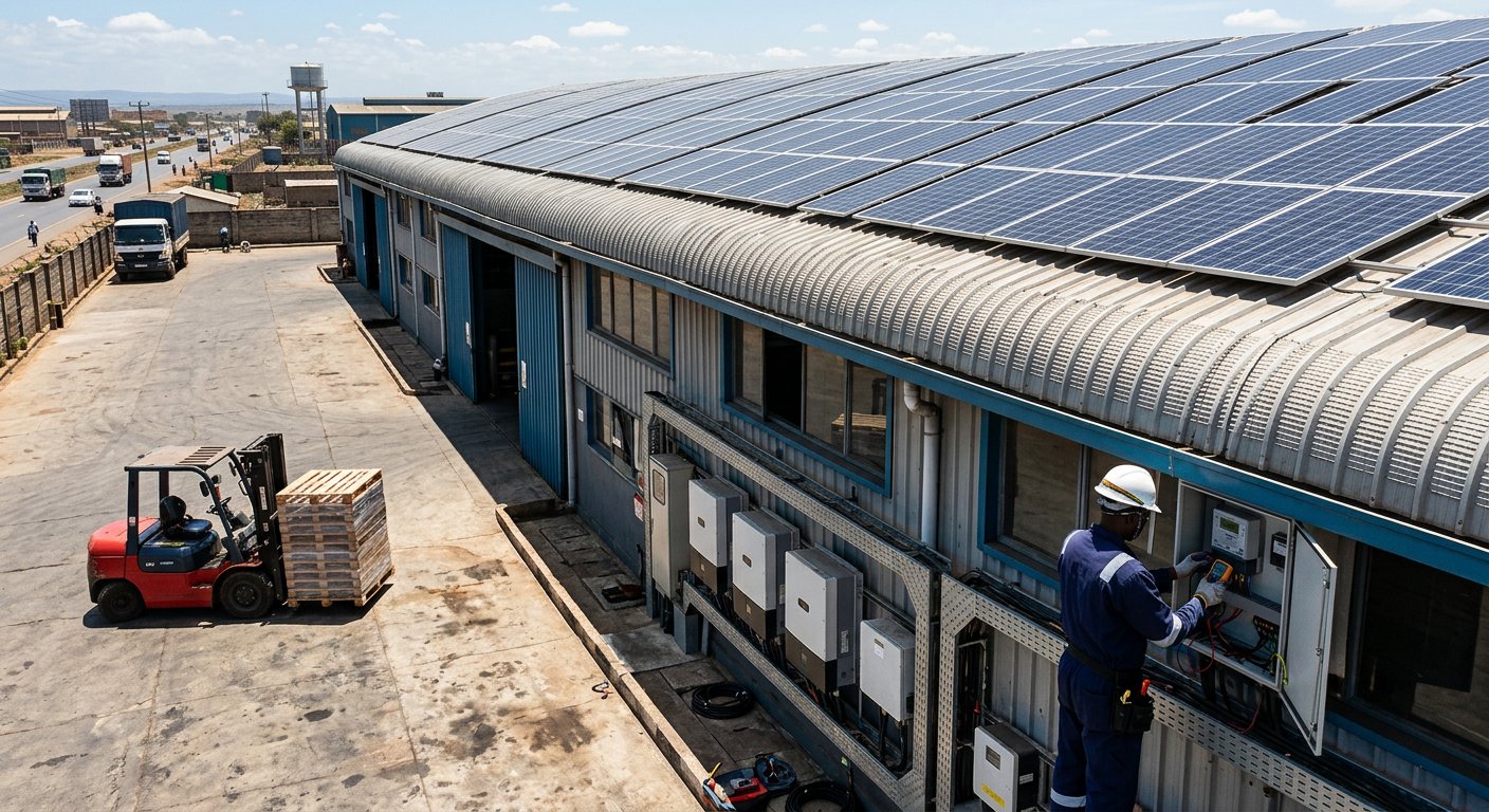 Extensive solar array on the roof of a Kenyan factory and warehouse