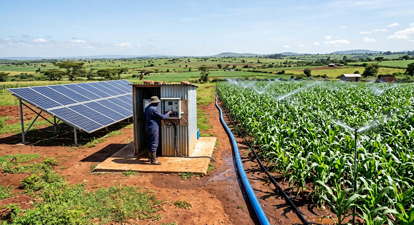 Ground-mounted solar array powering irrigation pumps on a Kenyan farm