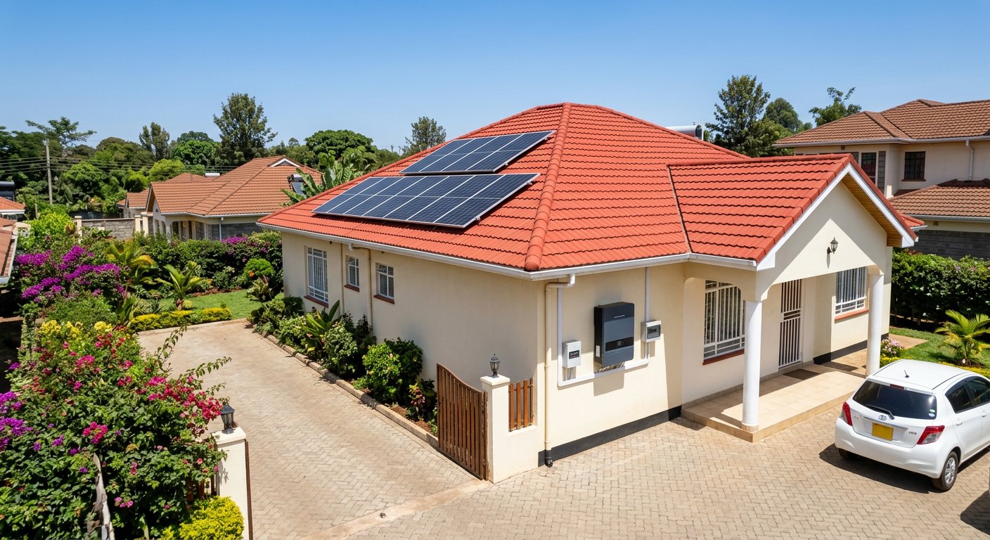Rooftop solar panel array on a suburban Kenyan home