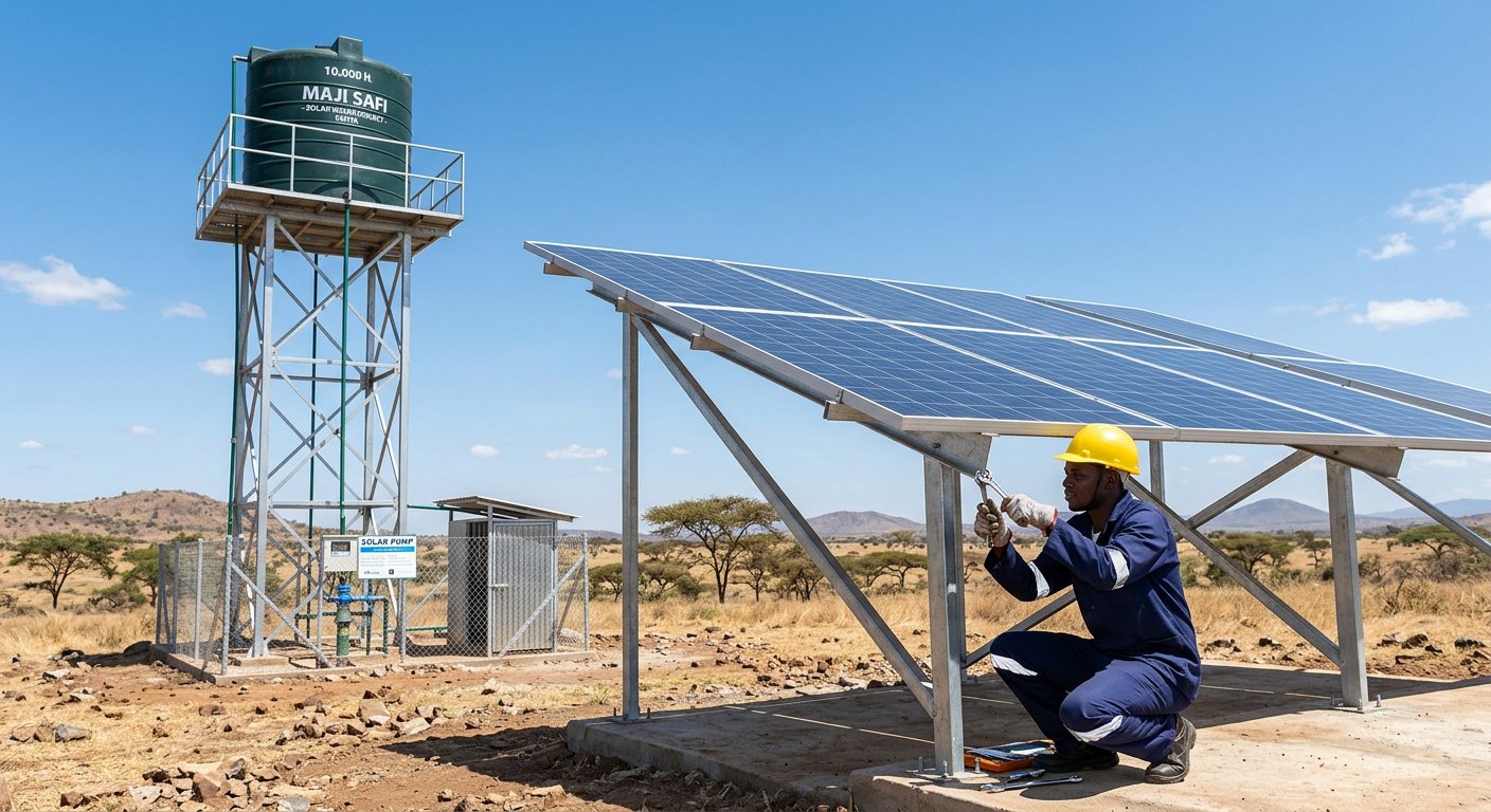 Ground-mounted solar array powering a water pumping system with storage tank in Kenya