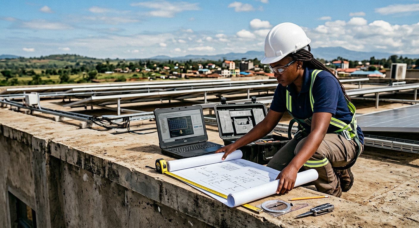 SWEKAM solar engineer reviewing a PV layout and single-line diagram on a rooftop in Kenya
