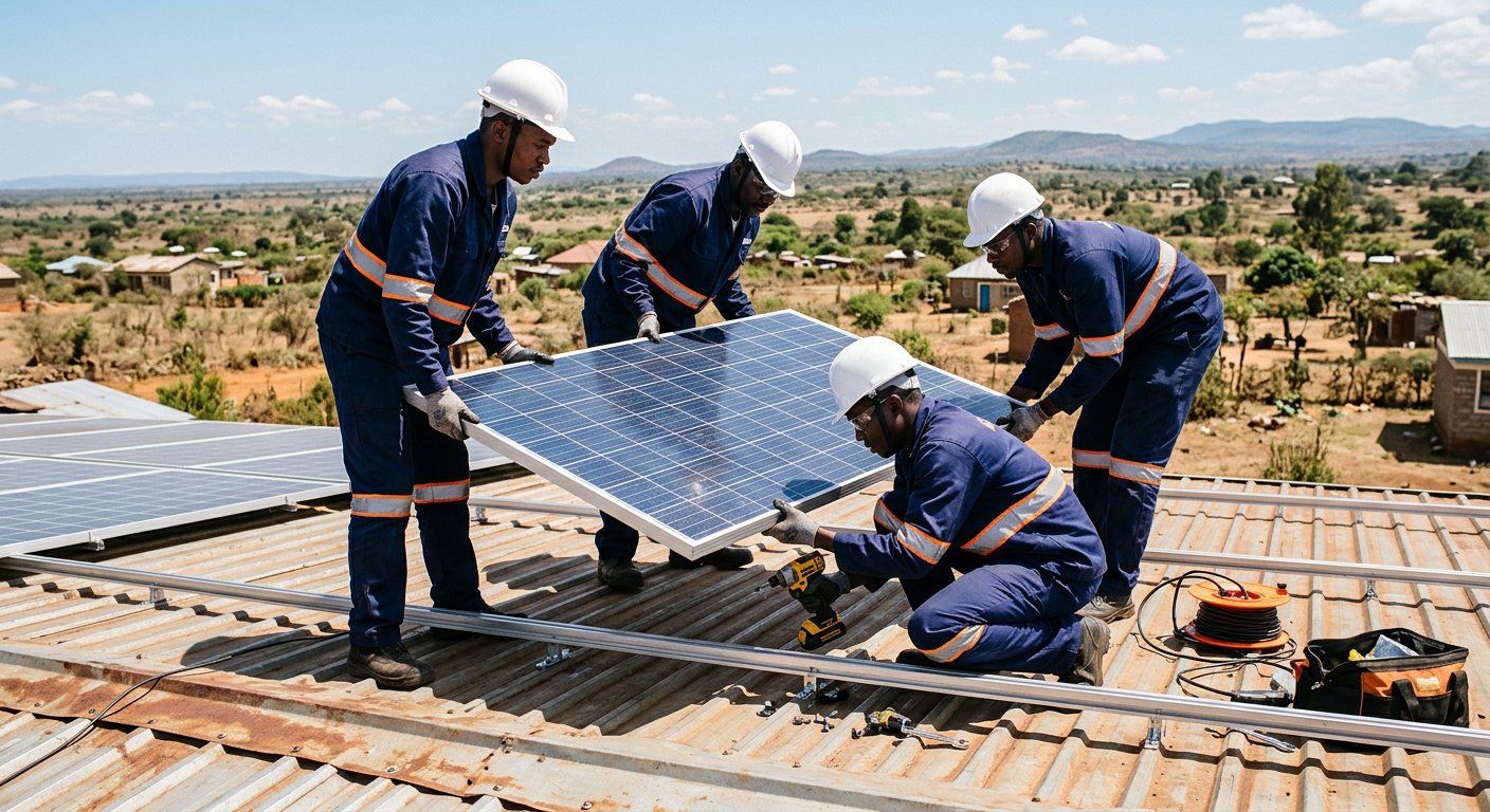 SWEKAM installers mounting solar panels onto roof rails on a Kenyan building