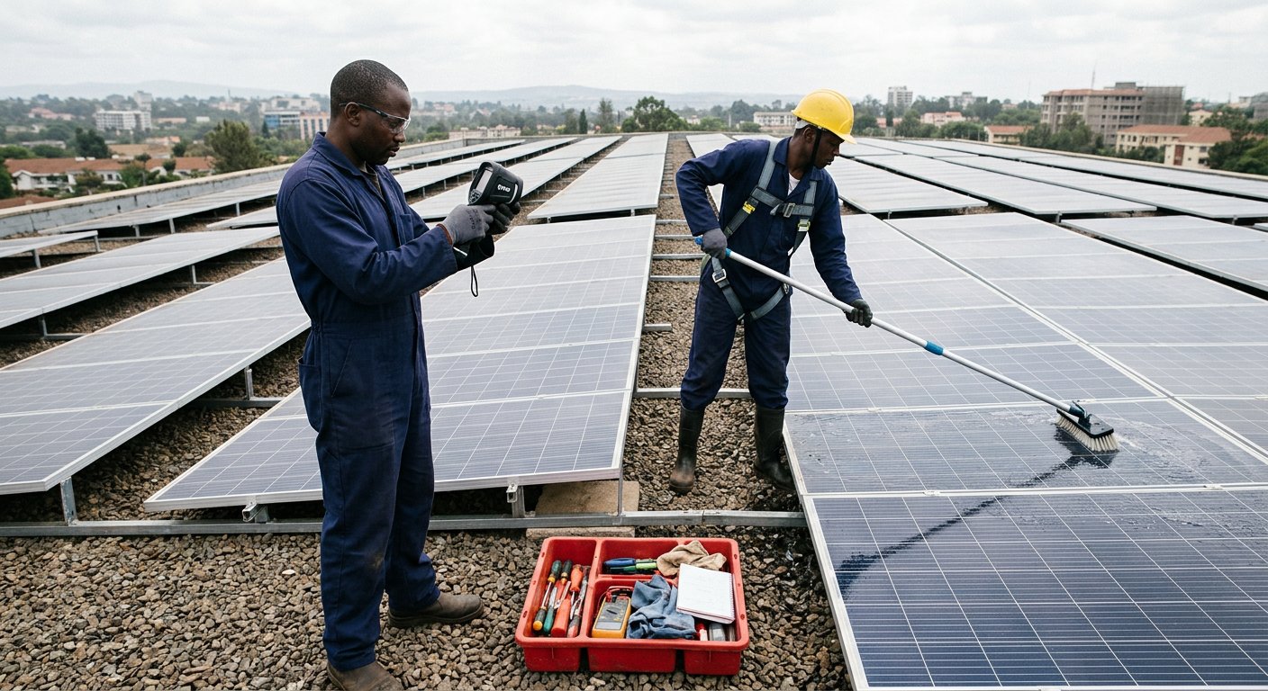Technician inspecting a solar array with a thermal camera during a maintenance visit